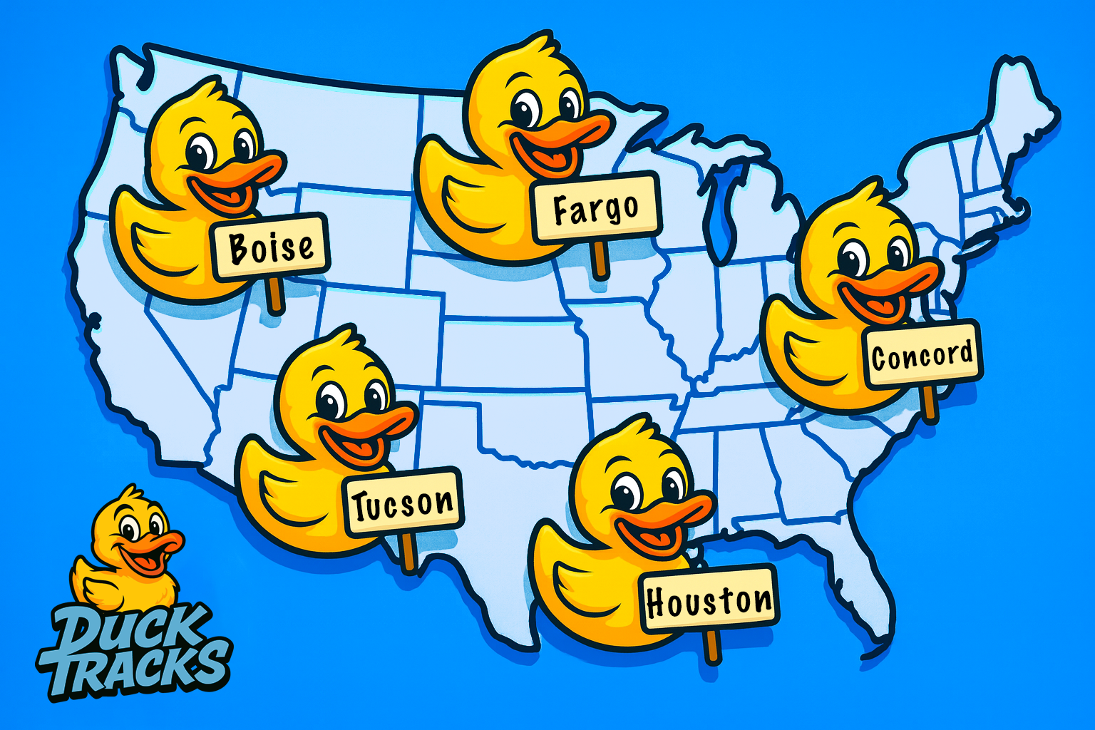 DuckTracks Map showing ducks in cities across America